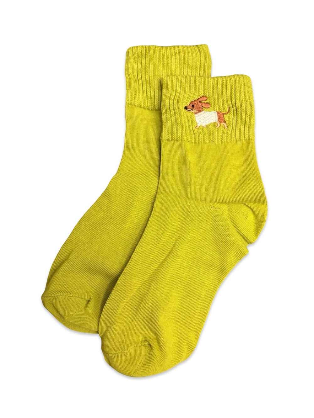 Dachshund Wiener Dog Embroidered Low Crew Socks Yellow Chartreuse Green One Size